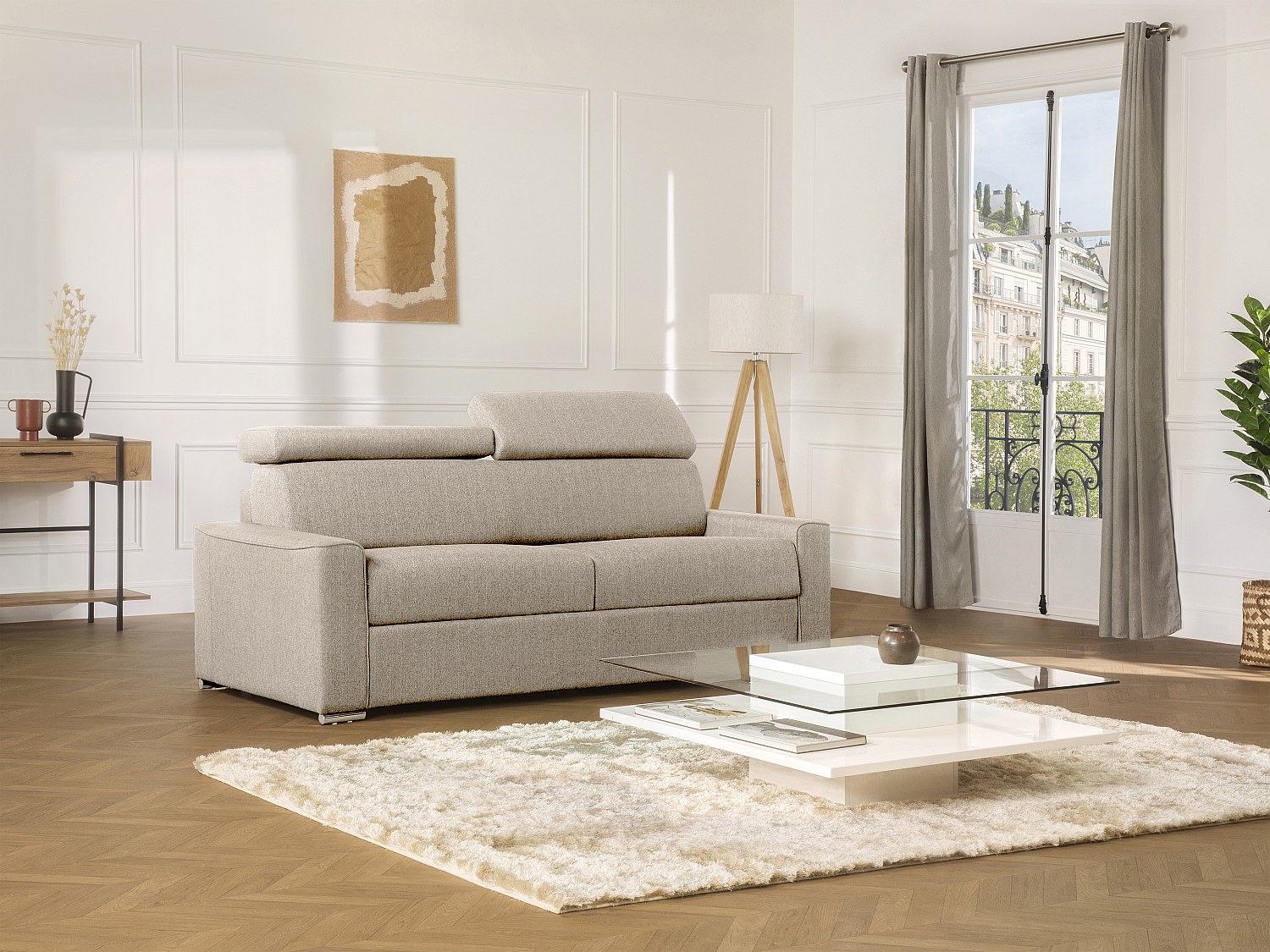Schlafsofa 4-Sitzer - Liegfläche mit Lattenrost: 160 cm - Matratze: 22 cm mit Memory Schaum - Stoff - Beige - VIZIR