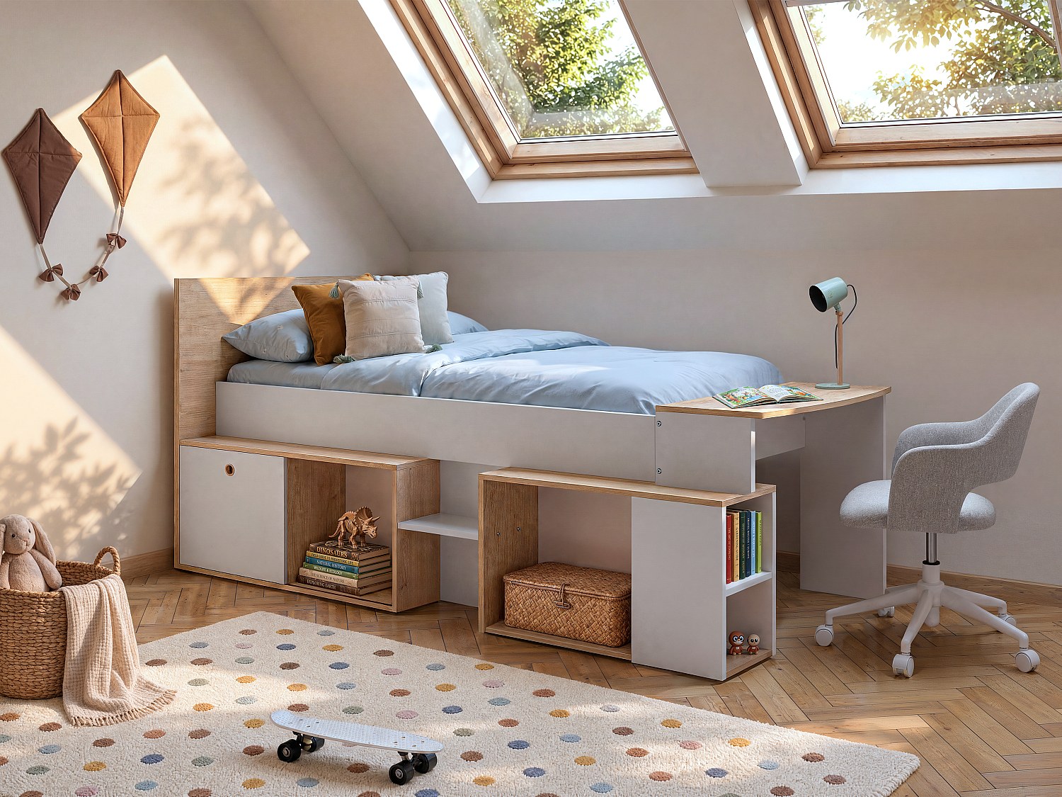 Kombibett 90 x 200 cm mit Schreibtisch & Stauraum + Lattenrost - Weiß & Holzfarben - PALOMA