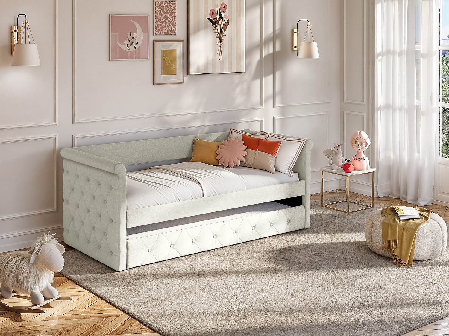 Ausziehbett + Matratze - 2 x 90 x 190 cm - Stoff - Beige - LOUISE