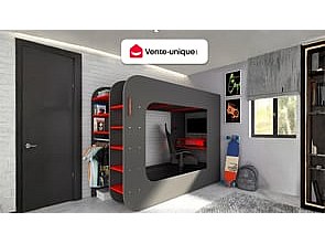 Hochbett mit Gaming-Schreibtisch & Stauraum + LEDs - 90 x 200 cm - Anthrazit & Rot - WARRIOR