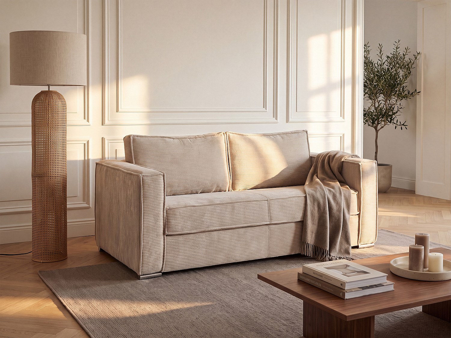 Schlafsofa mit Matratze 3-Sitzer - Cord - Beige - Liegefläche 140 cm -  Matratze 14 cm - LORETO