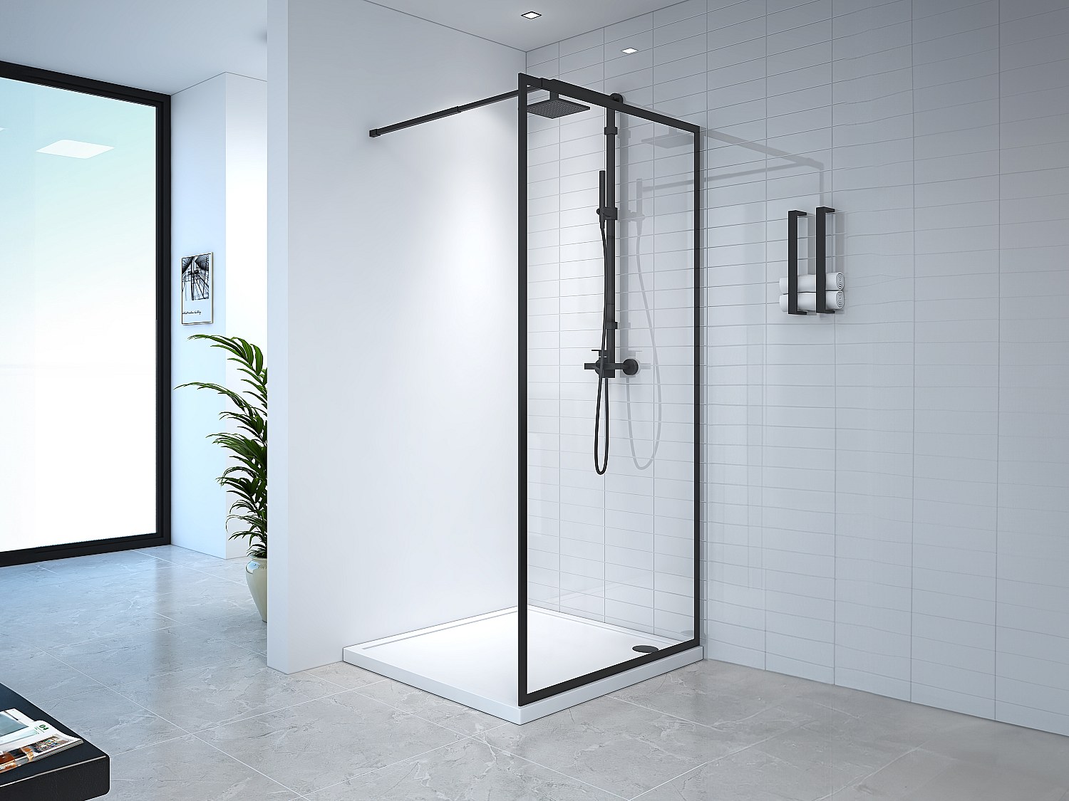 Duschtrennwand Seitenwand italienische Dusche - 100 x 200 cm - Sicherheitsglas - Schwarz matt - AMBERI