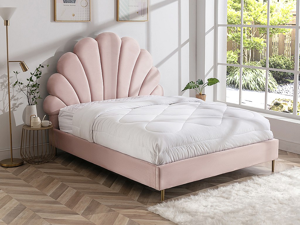 Bett mit Kopfteil in Muschelform - 160 x 200 cm - Samt- Rosa - LIVAYA