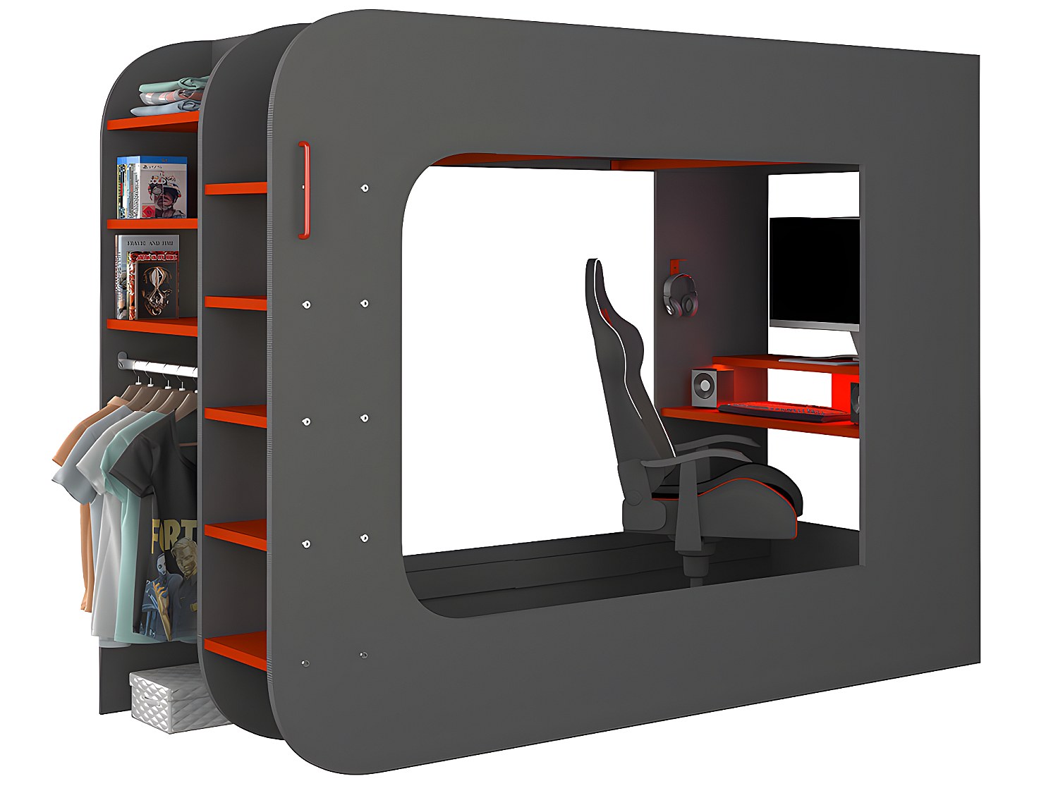 Hochbett mit Gaming-Schreibtisch & Stauraum & Matratze + LEDs - 90 x 200 cm - Anthrazit & Rot - WARRIOR