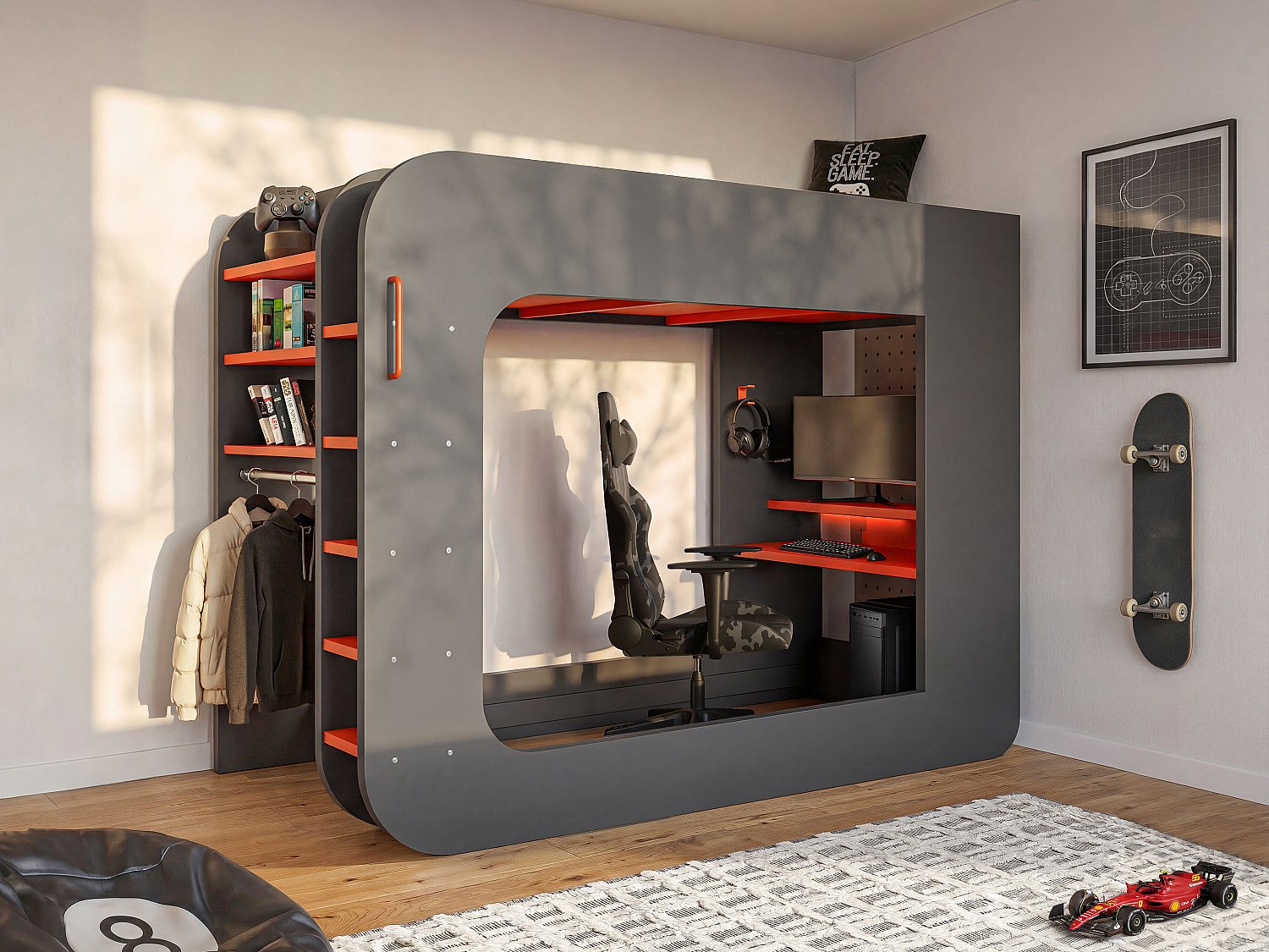 Hochbett mit Gaming-Schreibtisch & Stauraum & Matratze + LEDs - 90 x 200 cm - Anthrazit & Rot - WARRIOR