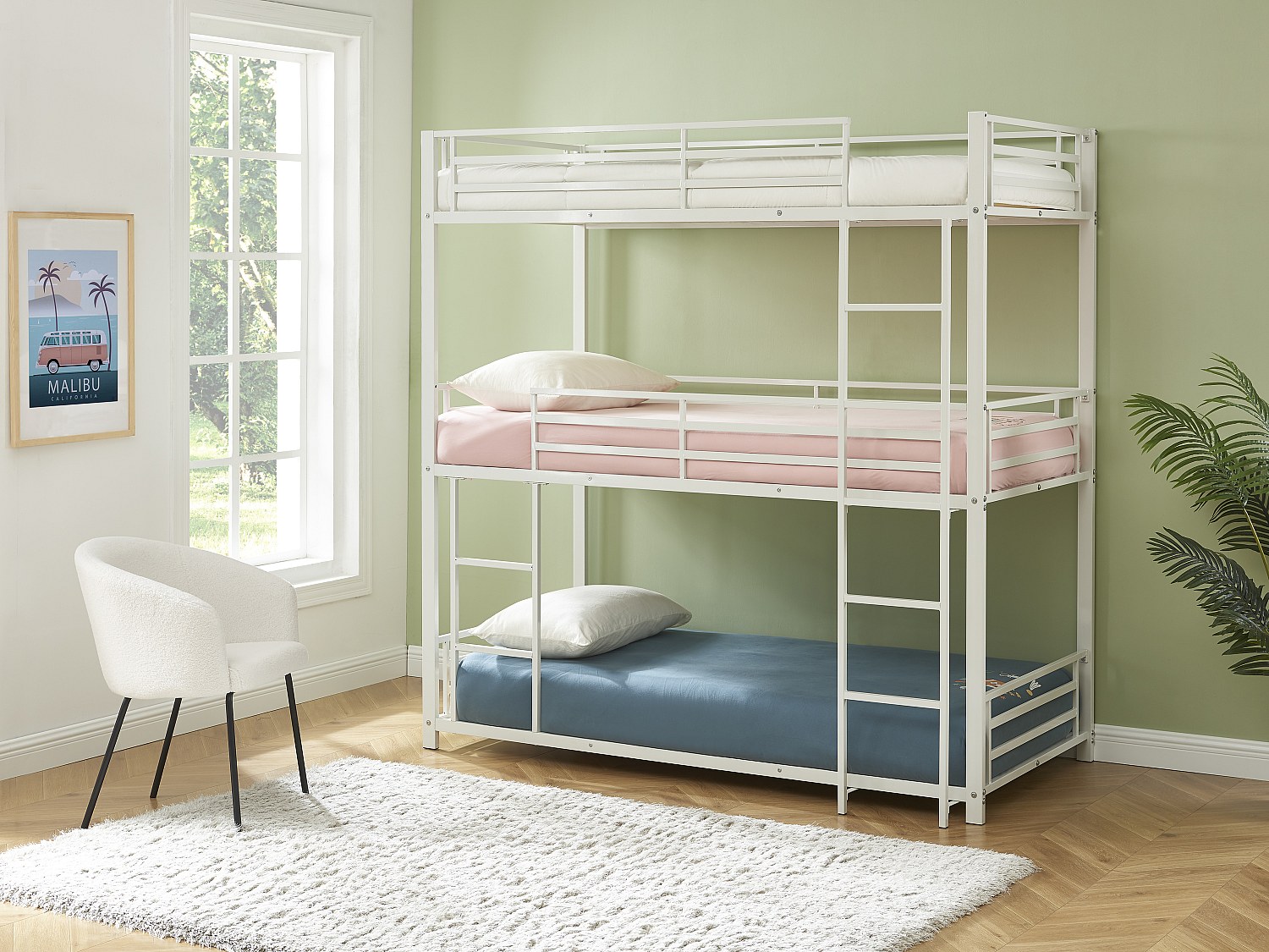 Etagenbett - 3 Personen - 3 x 90 x 190 cm - Metall - Weiß + Matratze - ELOUAN III