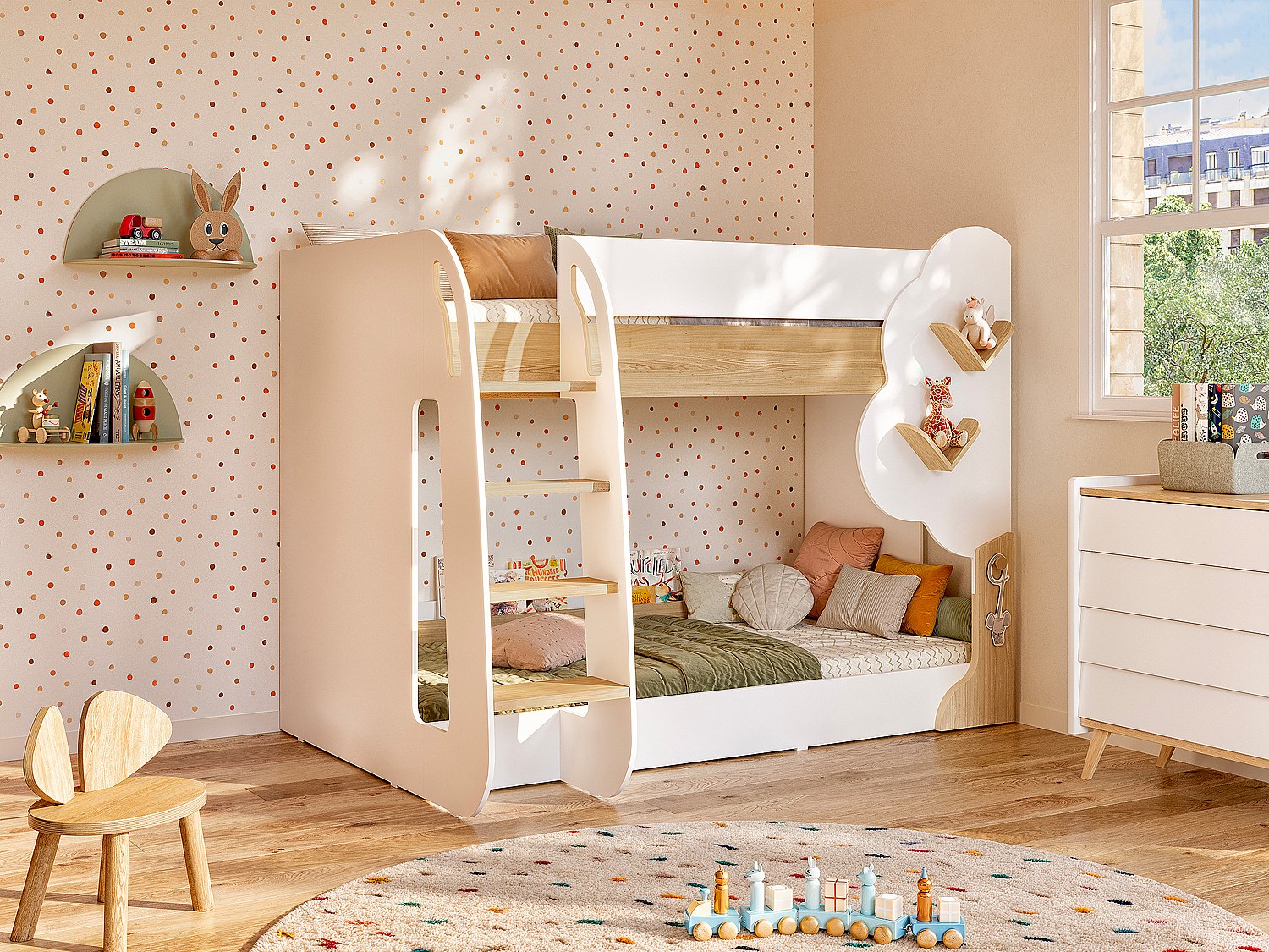 Etagenbett - 2 x 90 x 190 cm - Weiß & Holzfarben - PILATI