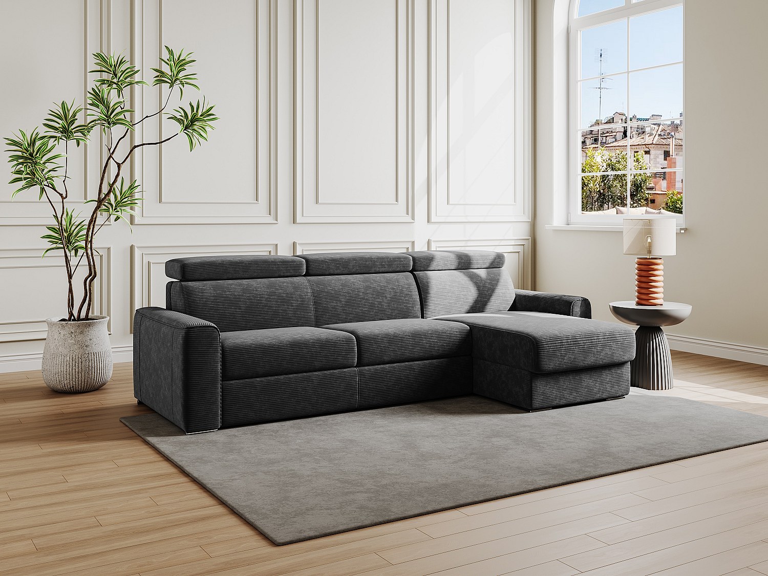 Ecksofa mit Matratze - Ecke wechselbar - Cord - Anthrazitgrau - Liegefläche mit Lattenrost mit breiten Latten 140 cm - Matratze 22 cm - Memory Schaum - VIZIR