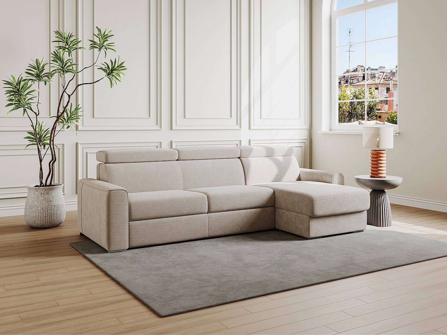 Ecksofa mit Matratze - Ecke wechselbar - Cord - Beige - Liegefläche mit Lattenrost mit breiten Latten 160 cm - Matratze 22 cm - Memory Schaum - VIZIR