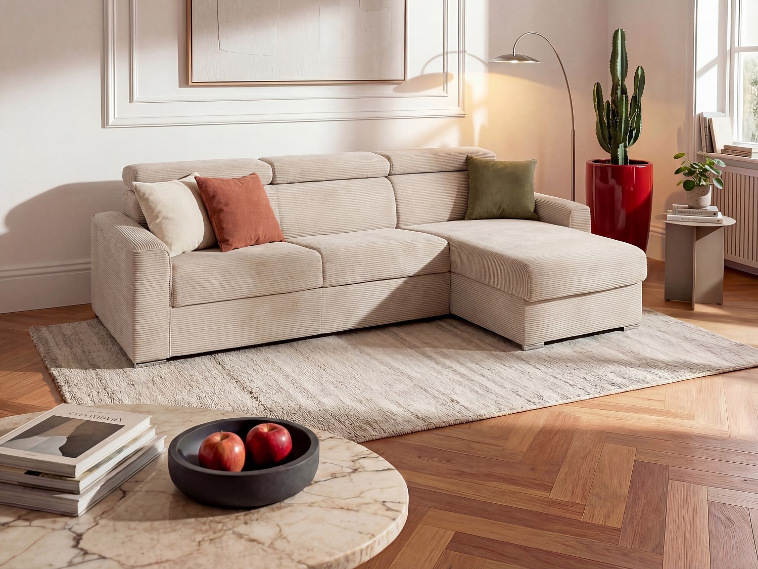 Ecksofa mit Matratze - Ecke wechselbar - Cord - Beige - Liegefläche mit Lattenrost mit breiten Latten 160 cm - Matratze 22 cm - Memory Schaum - VIZIR