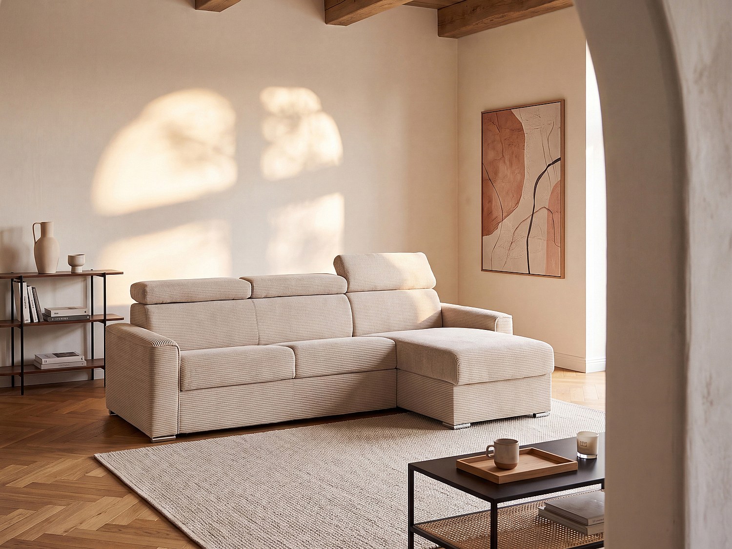 Ecksofa mit Matratze - Ecke wechselbar - Cord - Beige - Liegefläche mit Lattenrost mit breiten Latten 160 cm - Matratze 22 cm - Memory Schaum - VIZIR
