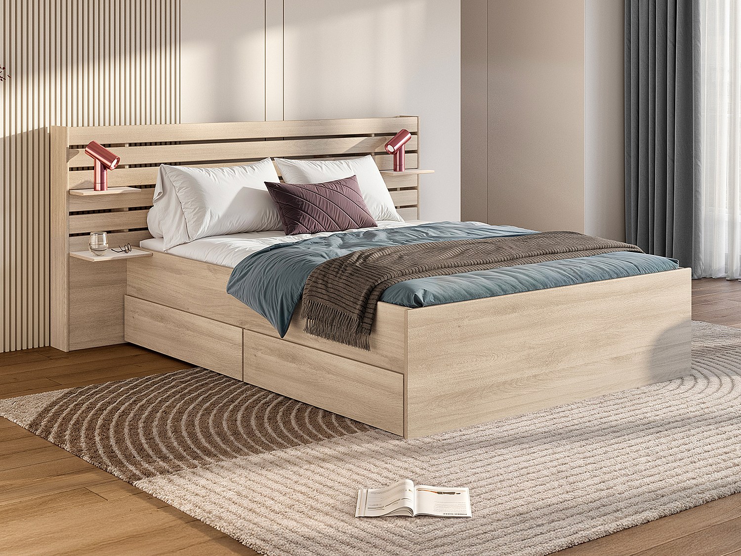 Bett mit Stauraum - 160 x 200 cm - Holzfarben + Lattenrost + Matratze - TENALIA II