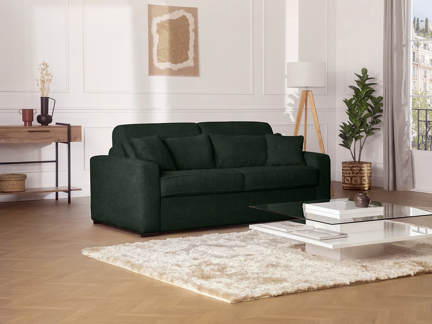 Schlafsofa mit Matratze 4-Sitzer - Liegefläche 160 cm - Matratze 16 cm - Cord - Grün - MONDOVI