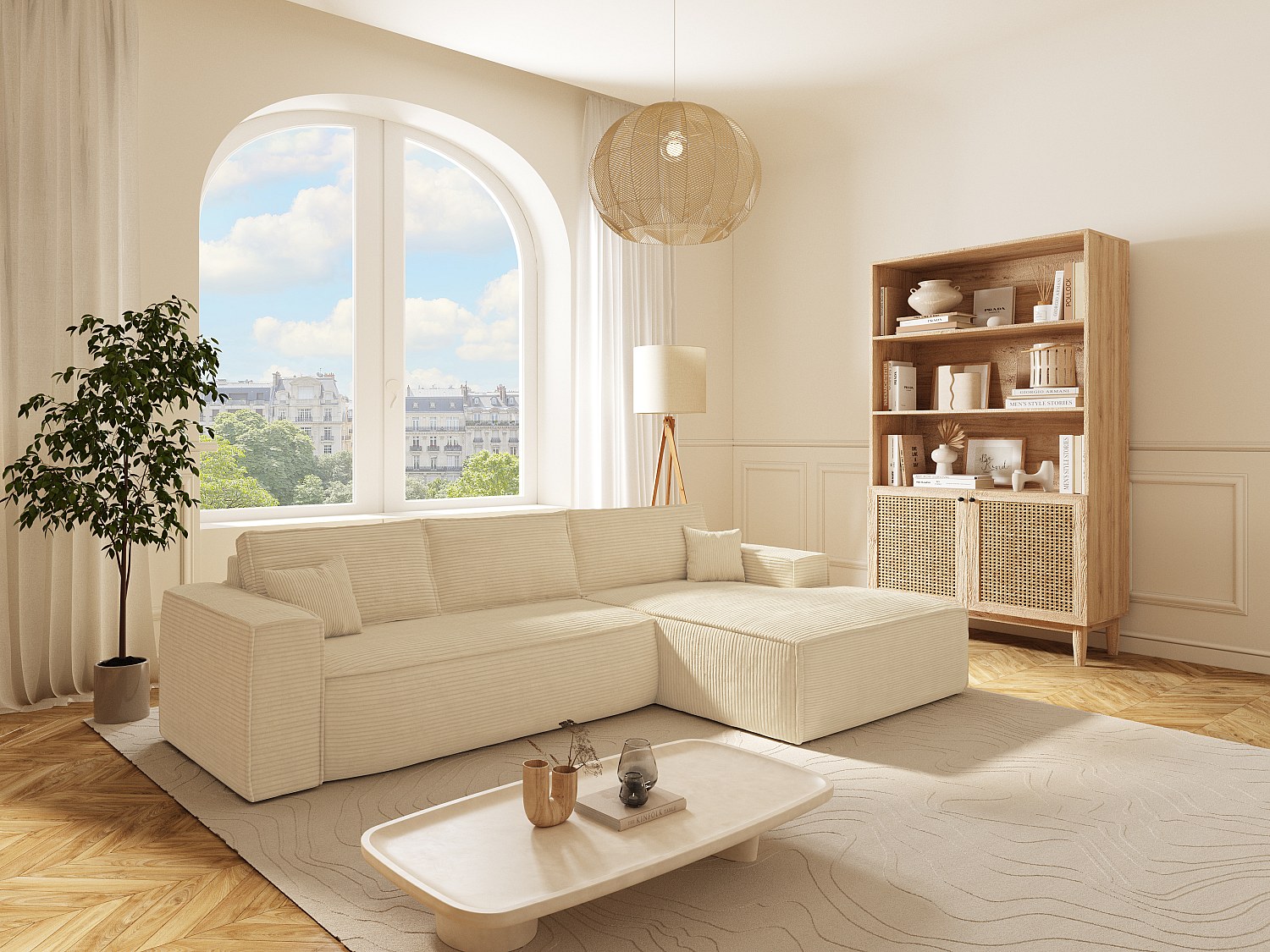 Eckschlafsofa mit Matratze - Ecke rechts - Cord - Beige - Liegefläche 140 cm - Matratze 13 cm mit Memory Schaum - AMELIA