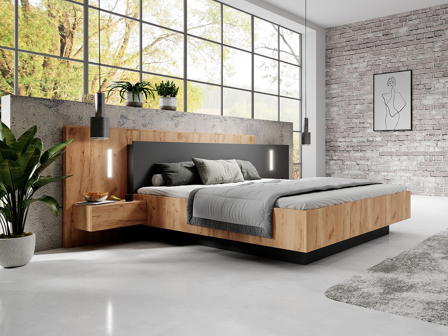 Bett mit Nachttischen - 140 x 190 cm - 2 Schubladen - Mit LED-Beleuchtung - Holzfarben & Anthrazit - FRANCOLI