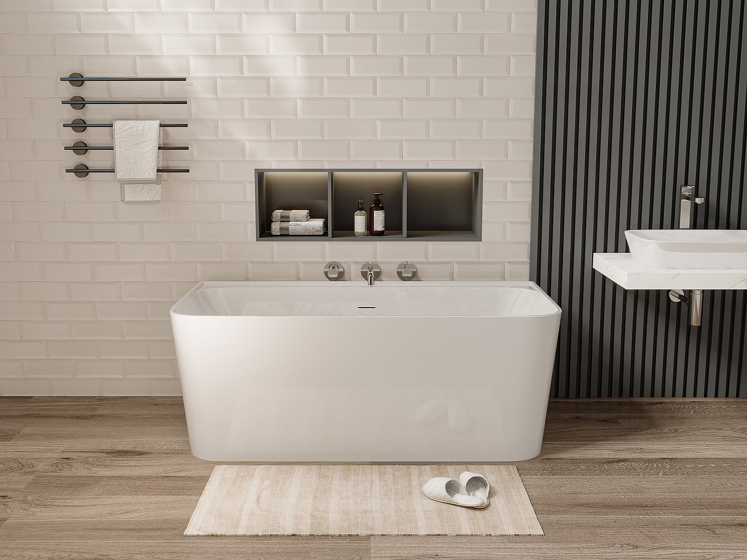Halb freistehende rechteckige Badewanne 150 x 75 x 60 cm Acryl Weiß glänzend 216 L ATESA