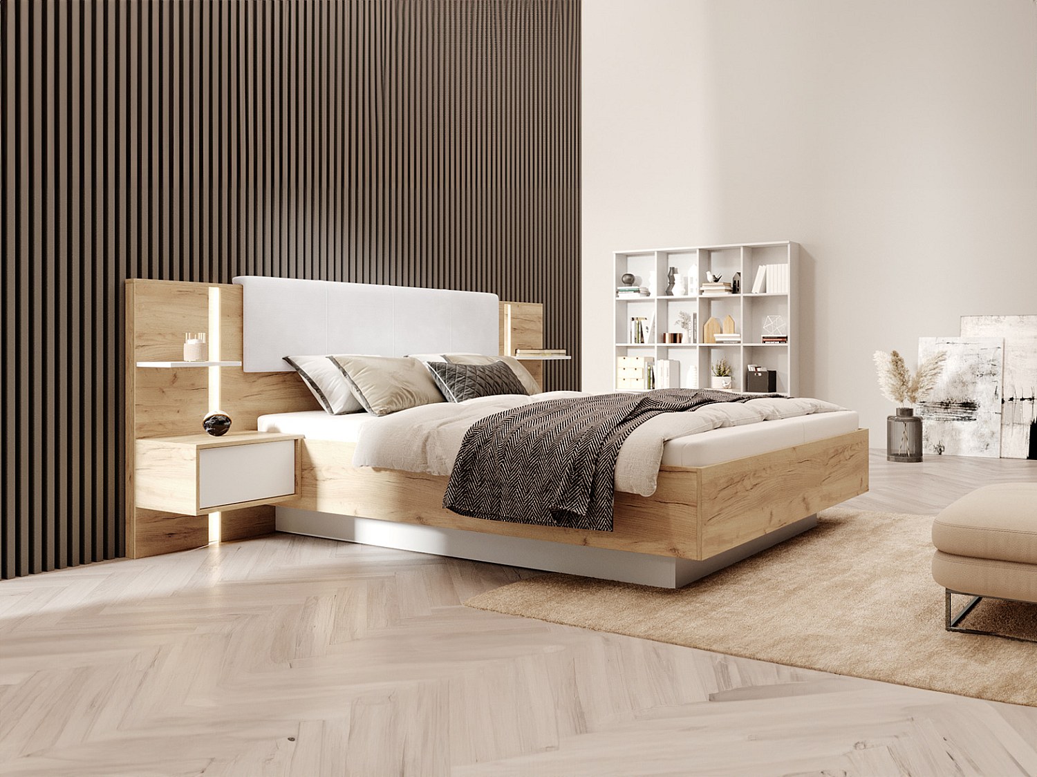 Bett mit Nachttischen + Lattenrost - 160 x 200 cm - Mit LED-Beleuchtung - Holzfarben & Weiß - ELYNIA