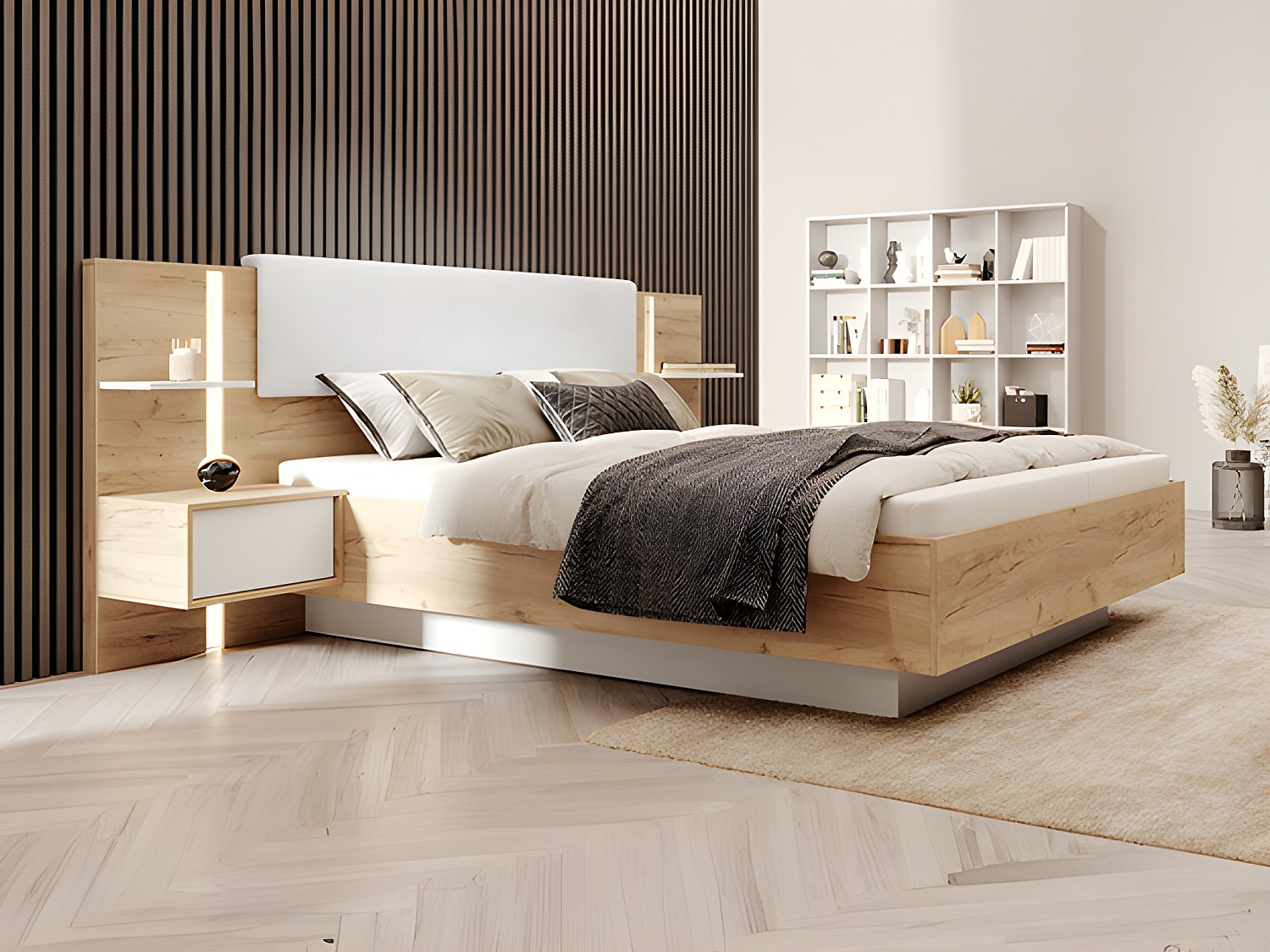 Bett mit Nachttischen + Lattenrost + Matratze - 160 x 200 cm - Mit LED-Beleuchtung - Holzfarben & Weiß - ELYNIA