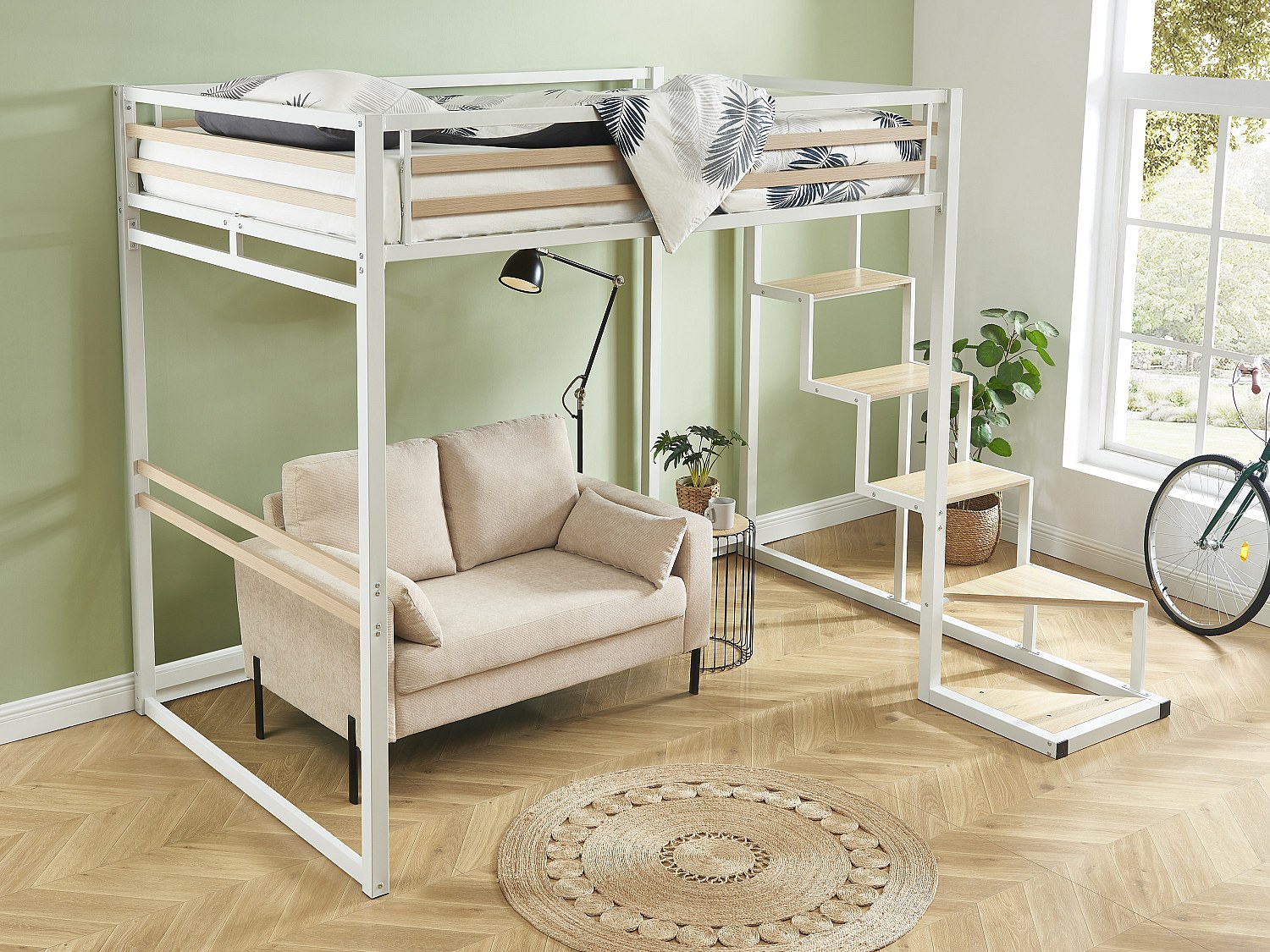Hochbett mit Matratze - 140 x 200 cm - Metall & MDF - Weiß - JOGUI