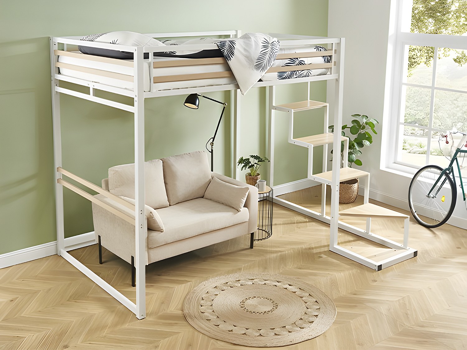 Hochbett mit Matratze - 140 x 200 cm - Metall & MDF - Weiß - JOGUI