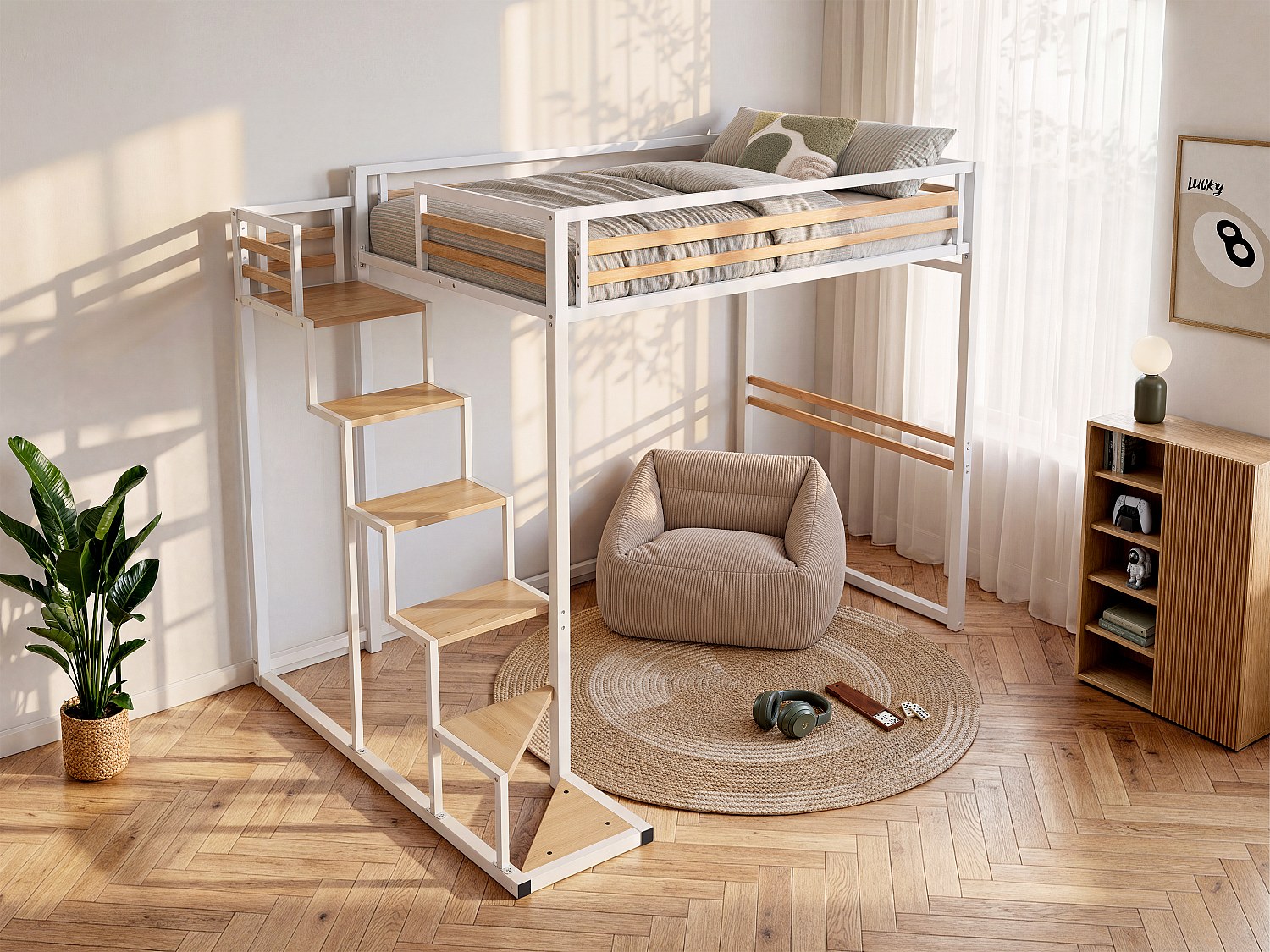 Hochbett mit Matratze - 140 x 200 cm - Metall & MDF - Weiß - JOGUI