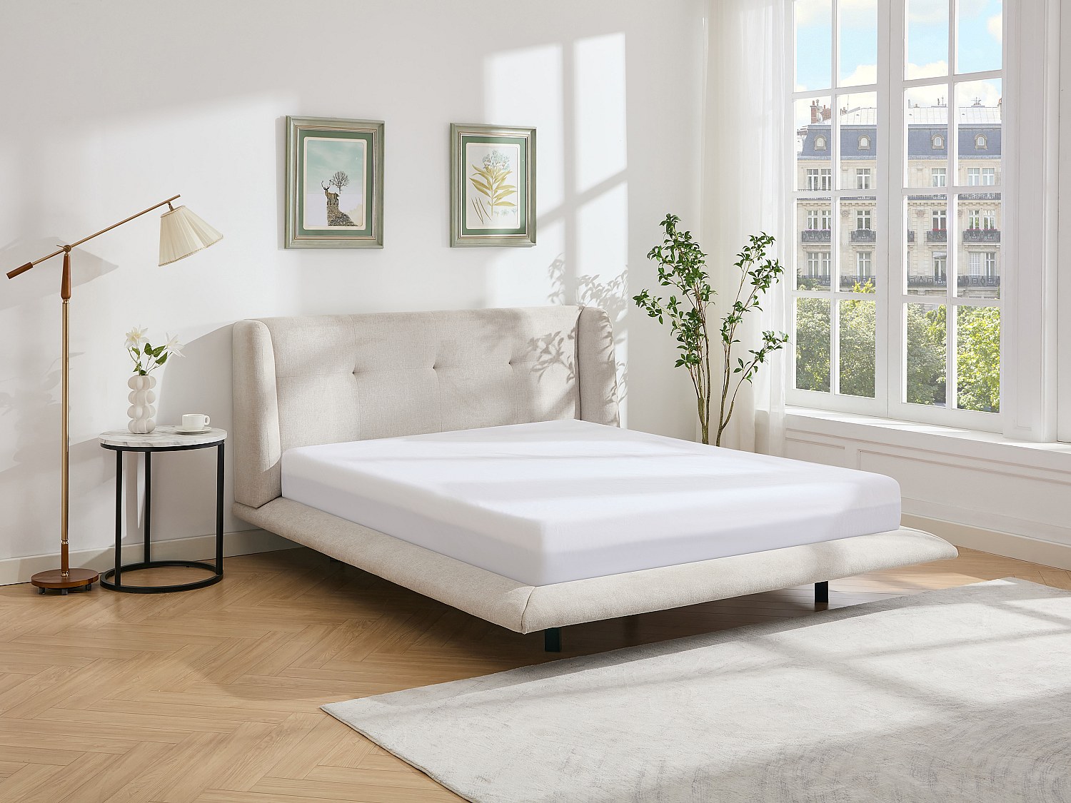 Polsterbett 140 x 190 cm - Stoff - mit gestepptem Kopfteil - Beige - PENAVI