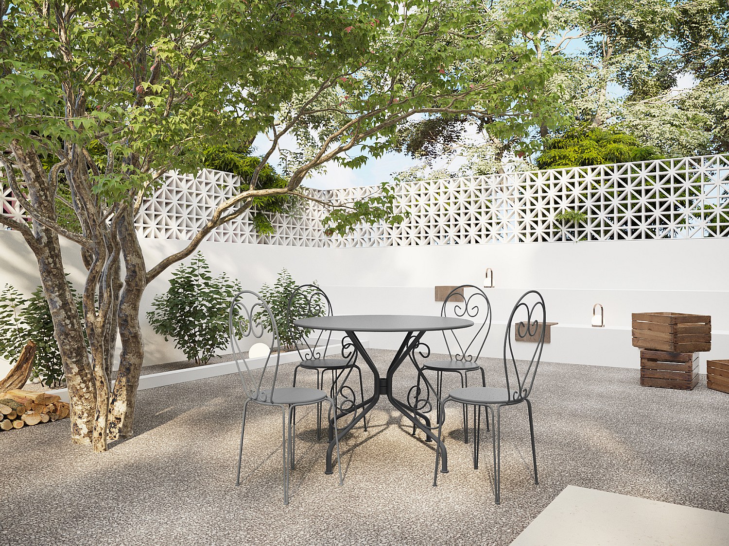 Garten-Essgruppe: Tisch D. 120 cm + 4 stapelbare Stühle - Metall in Eisenoptik - Anthrazit - GUERMANTES von MYLIA