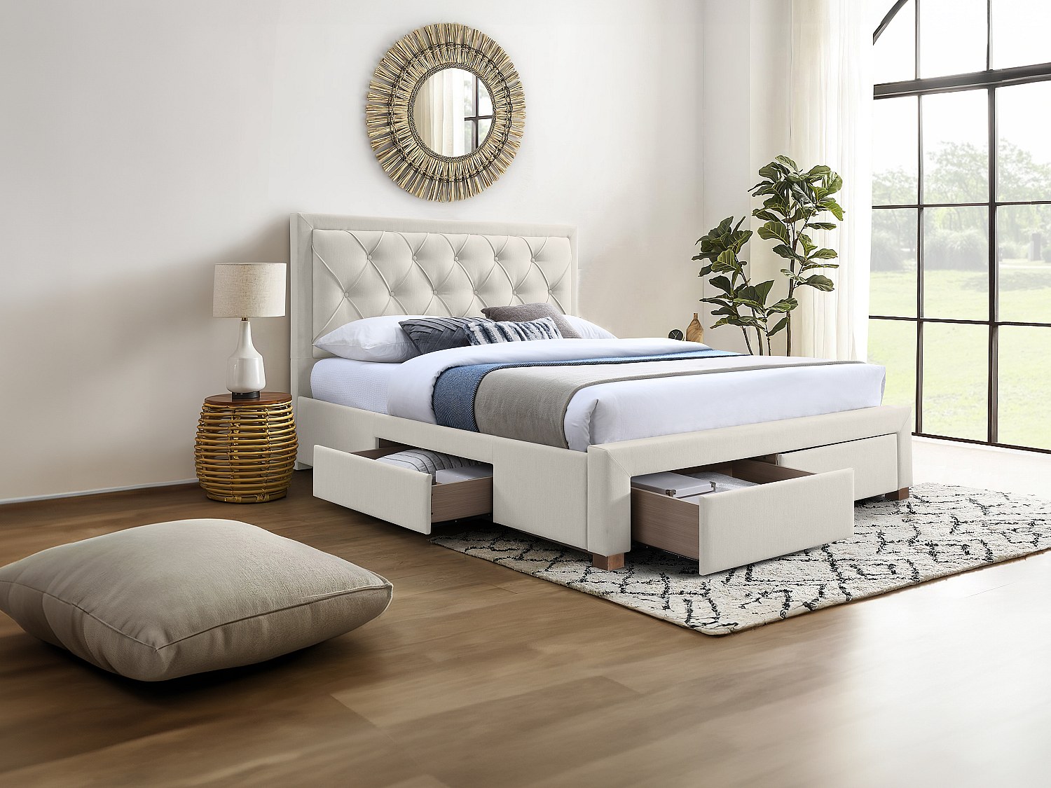 Polsterbett mit Schubladen - 160 x 200 cm - Stoff - Beige - LEOPOLD