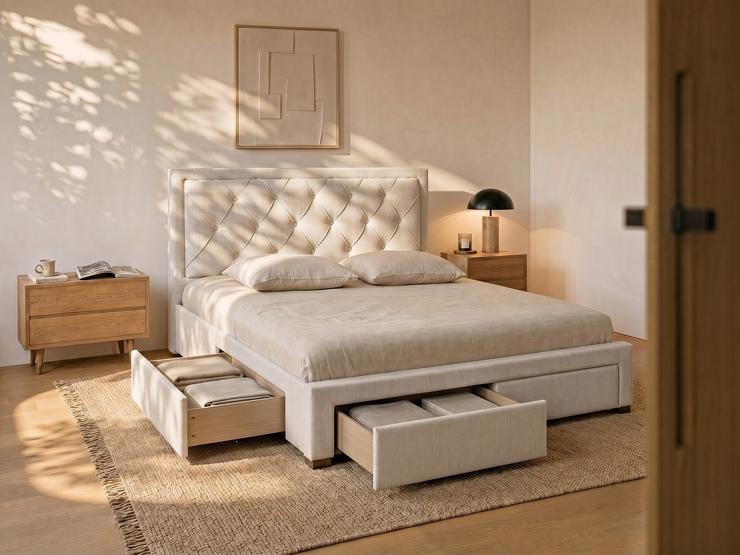 Polsterbett mit Schubladen - 160 x 200 cm - Stoff - Beige - LEOPOLD