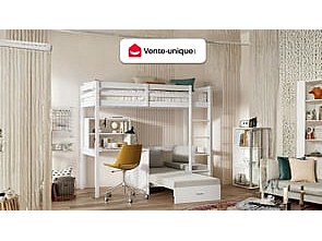 Hochbett mit Schreibtisch, Schlafsofa & Stauraum - 90 x 200 cm - Kiefernholz & MDF - Weiß - GOLIATH III