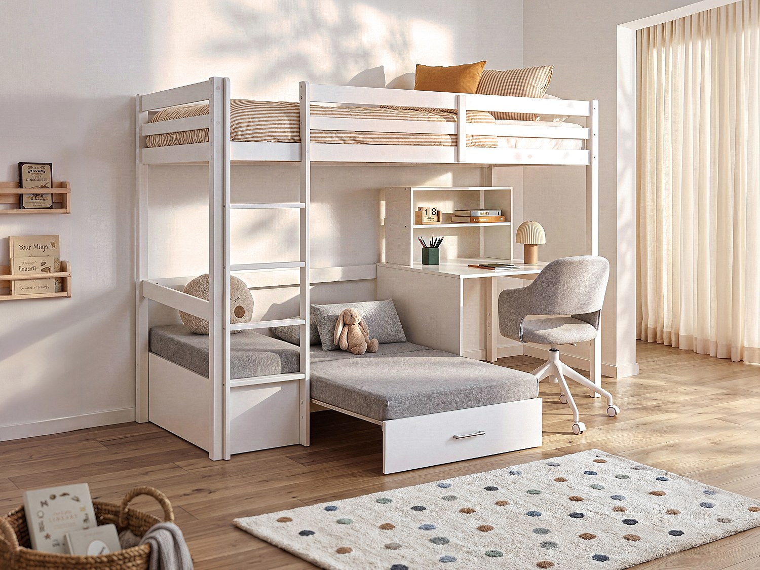 Hochbett mit Schreibtisch, Schlafsofa & Stauraum - 90 x 200 cm - Kiefernholz & MDF - Weiß - GOLIATH III