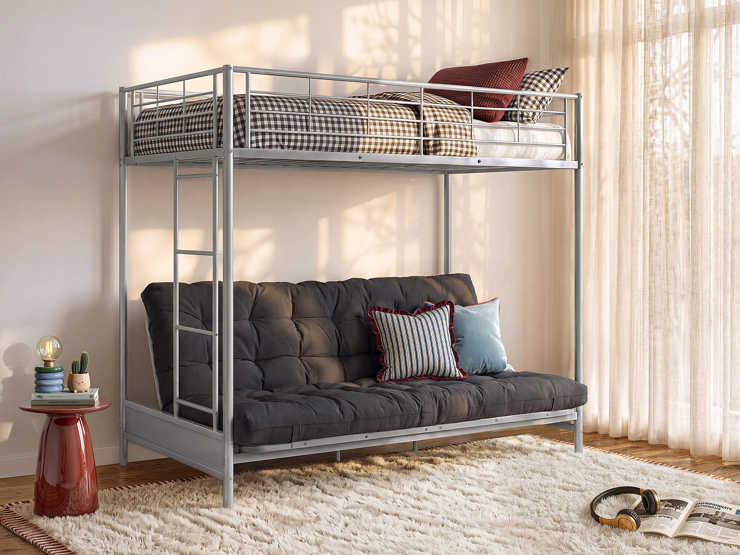 Hochbett mit Schlafsofa - 90 x 190 cm - Metall - Silberfarben - MODULO IV