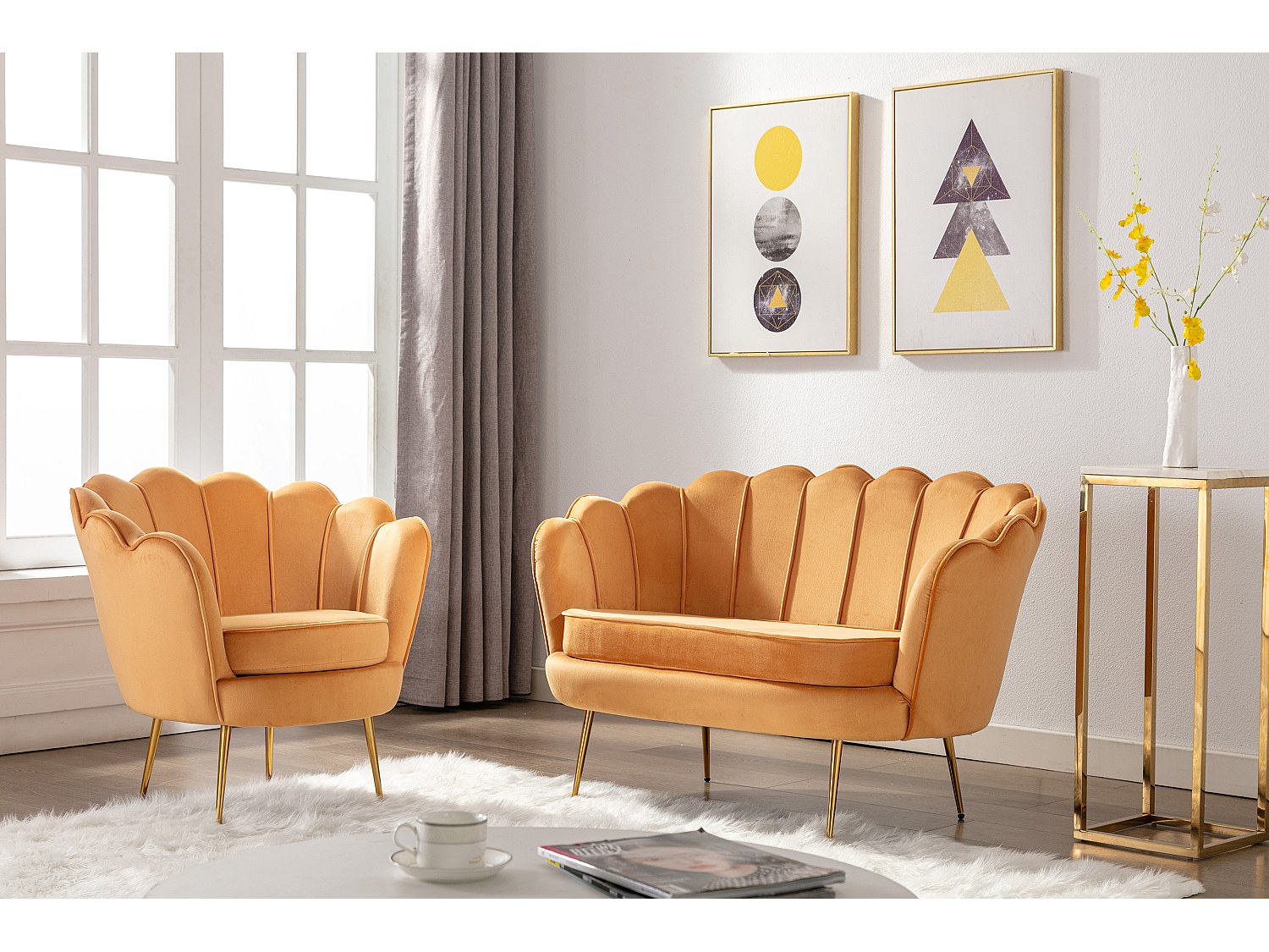 Couchgarnitur Muschel 2+1 - Samt - Senfgelb - DANDELION