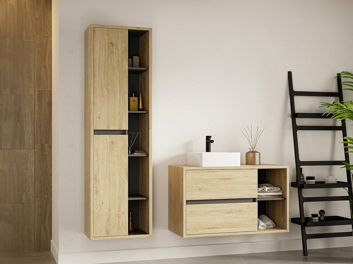 Waschbeckenunterschrank hängend mit quadratischem Waschbecken und Schrank - Naturfarben - 100 cm - PURNAL