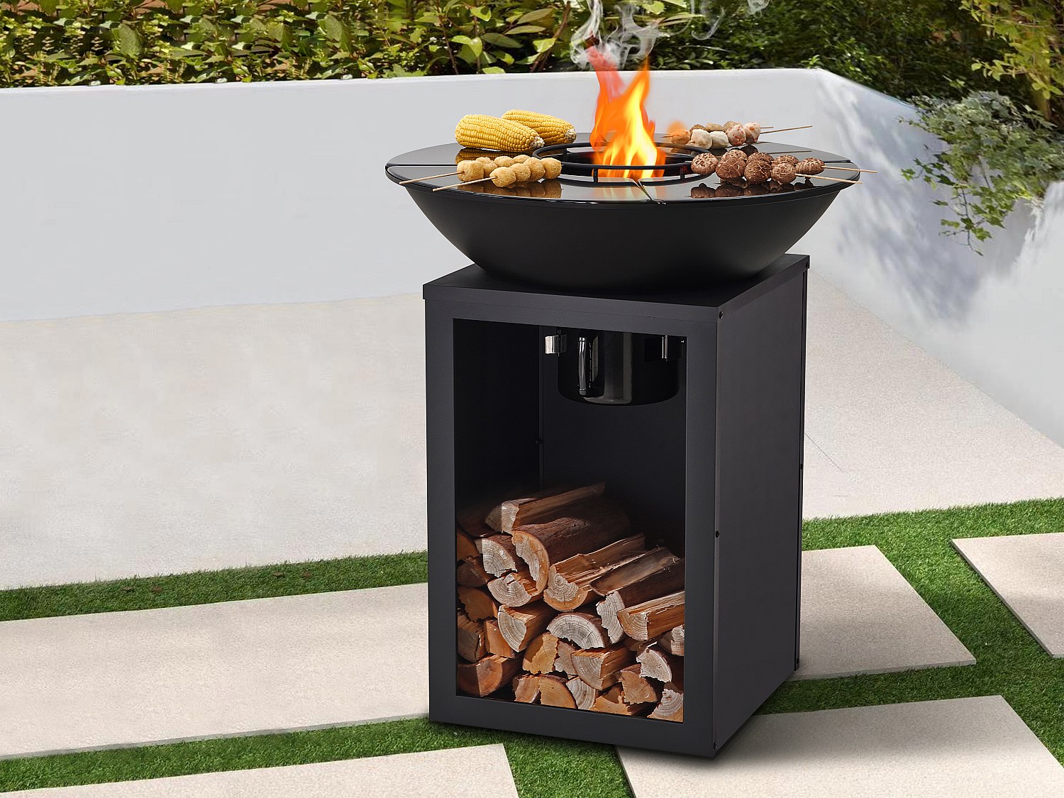 BBQ Plancha-Grill und Feuerschale - Holzkohle und Holz - mit Aufbewahrungselement - 80 x 80 x 96 cm - schwarz - IGNOS