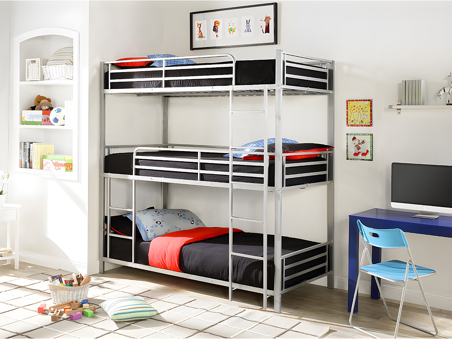 Etagenbett mit Matratze - 3 Personen - 3 x 90 x 190 cm - Metall - Silberfarben - ELOUAN III