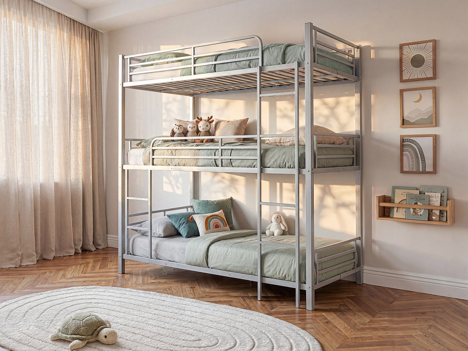 Etagenbett mit Matratze - 3 Personen - 3 x 90 x 190 cm - Metall - Silberfarben - ELOUAN III