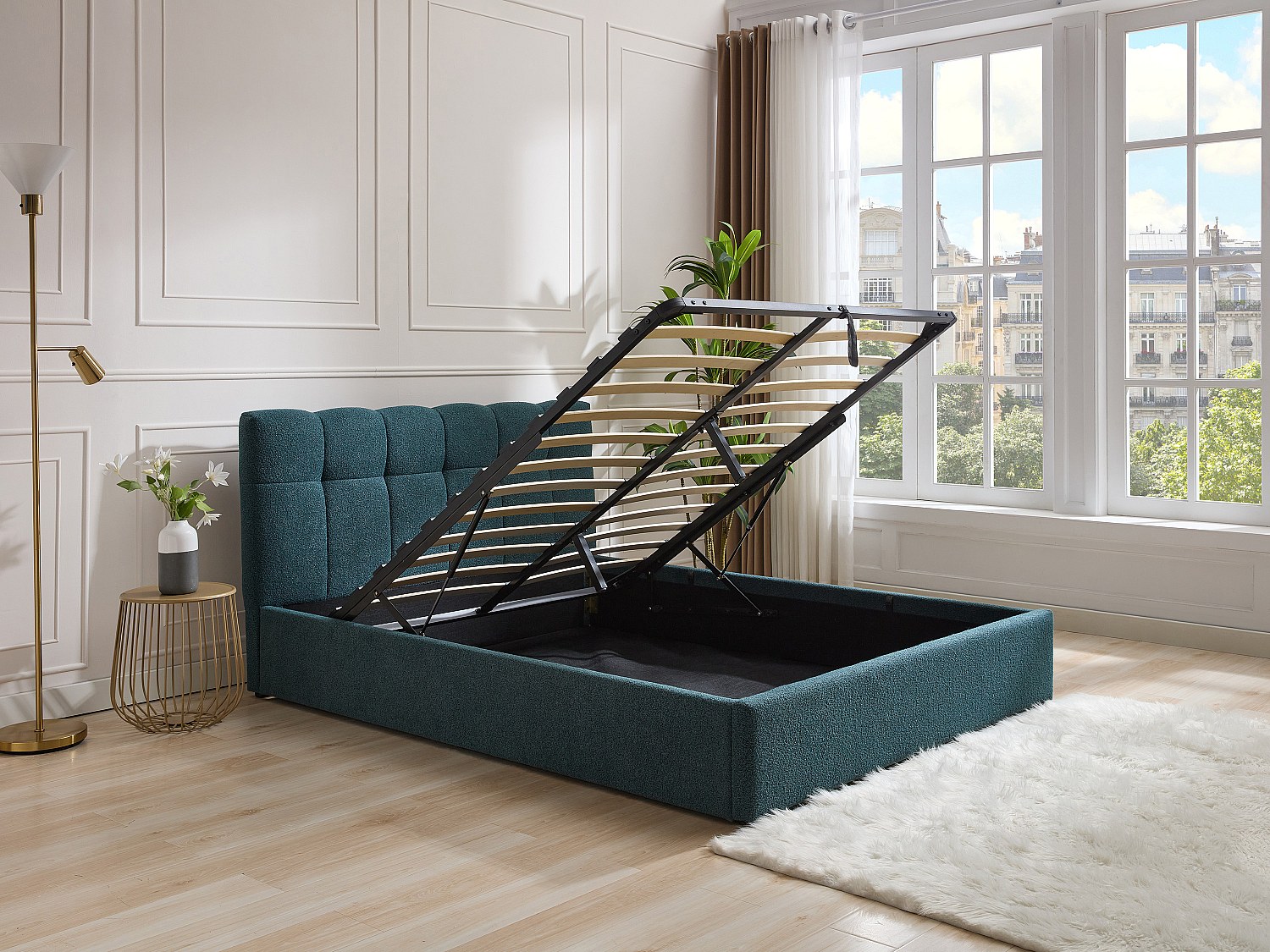 Bett mit Bett mit Bettkasten - - 140 x 190 cm - Bouclé-Stoff - Blaugrün - MAZIRI