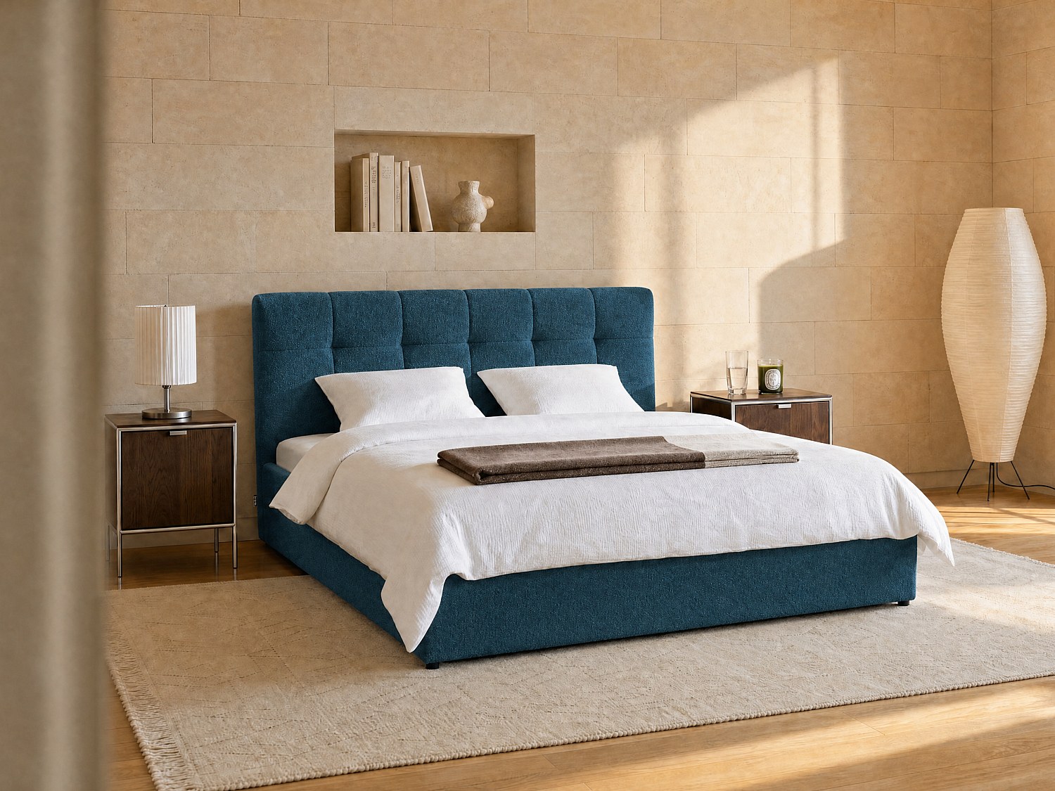 Bett mit Bett mit Bettkasten - - 140 x 190 cm - Bouclé-Stoff - Blaugrün - MAZIRI