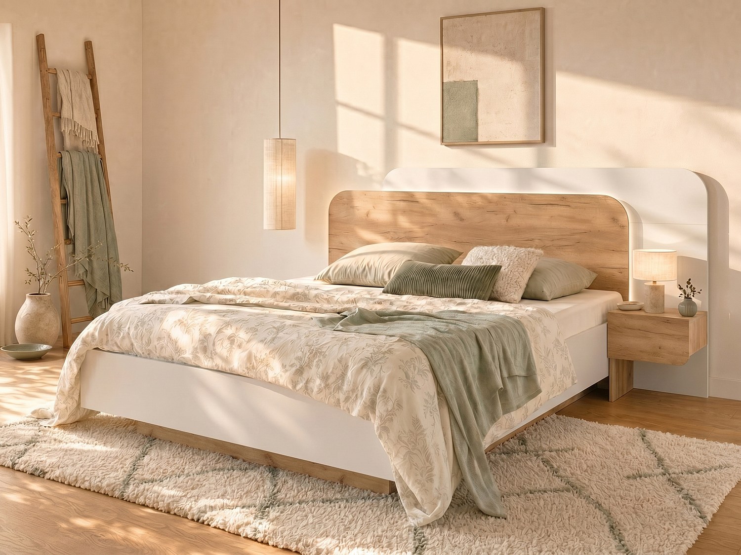Bett mit Nachttischen + Lattenrost + Matratze - 160 x 200 cm - Mit LED-Beleuchtung - Holzfarben & Weiß - DESADO