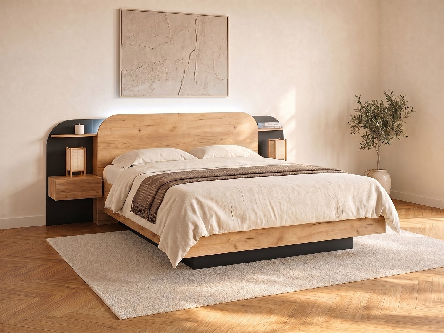 Bett mit Nachttischen + Lattenrost - 160 x 200 cm - Mit LED-Beleuchtung - Holzfarben & Schwarz - JUVISIA
