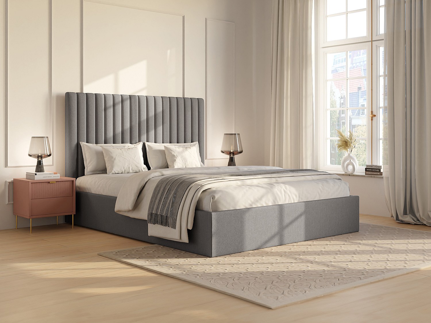 Bett mit Bett mit Bettkasten - - 160 x 200 cm mit Kopfteil mit vertikalen Ziernähten - Cord - Grau - SARAH