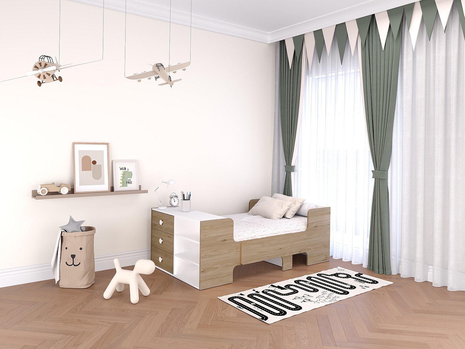 Bett mitwachsend mit Stauraum - 90 x 140/170/200 cm - Holzfarben & Weiß - GAROLIO