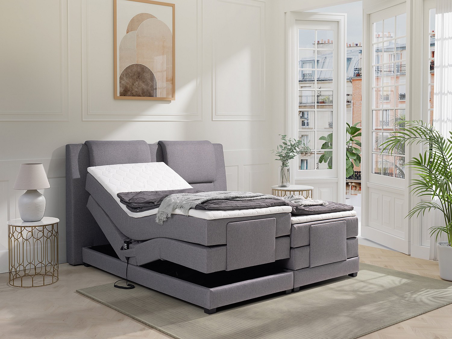 Boxspringbett mit Bettkopfteil + elektrischem Untergestell mit Relaxfunktion + Matratzen + Topper - 2 x 80 x 200 cm - Stoff - Hellgrau - CASTEL II von PALACIO