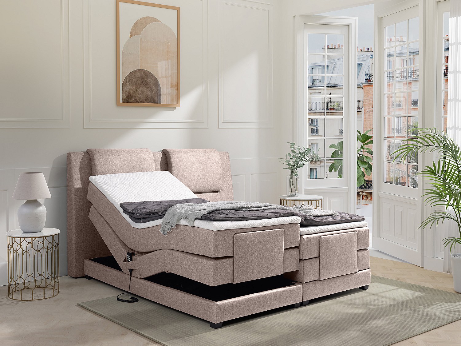Boxspringbett mit Bettkopfteil + elektrischem Untergestell mit Relaxfunktion + Matratzen + Topper - 2 x 90 x 200 cm - Stoff - Beige - CASTEL II von PALACIO