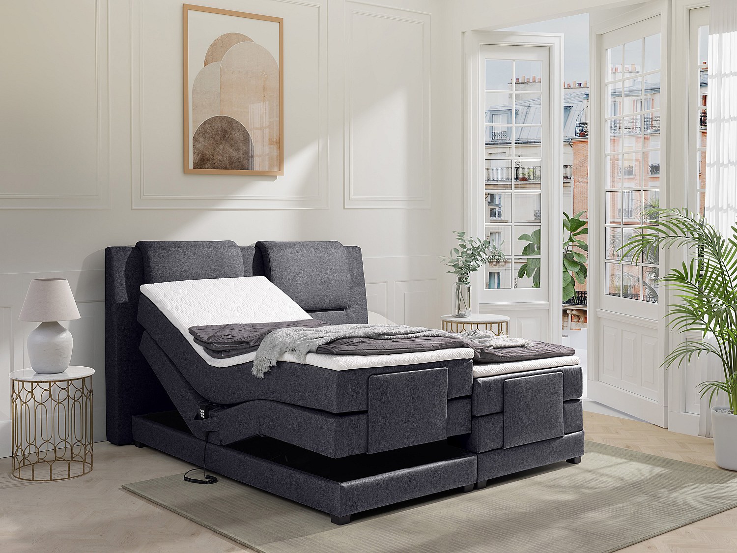 Boxspringbett mit Bettkopfteil + elektrischem Untergestell mit Relaxfunktion + Matratzen + Topper - 2 x 90 x 200 cm - Stoff - Anthrazit - CASTEL II de PALACIO