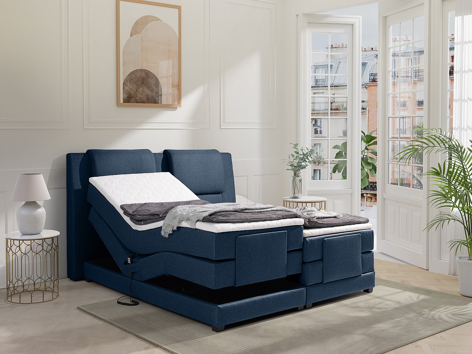 Boxspringbett mit Bettkopfteil + elektrischem Untergestell mit Relaxfunktion + Matratzen + Topper - 2x 80 x 200 cm - Stoff - Blau - CASTEL II von PALACIO