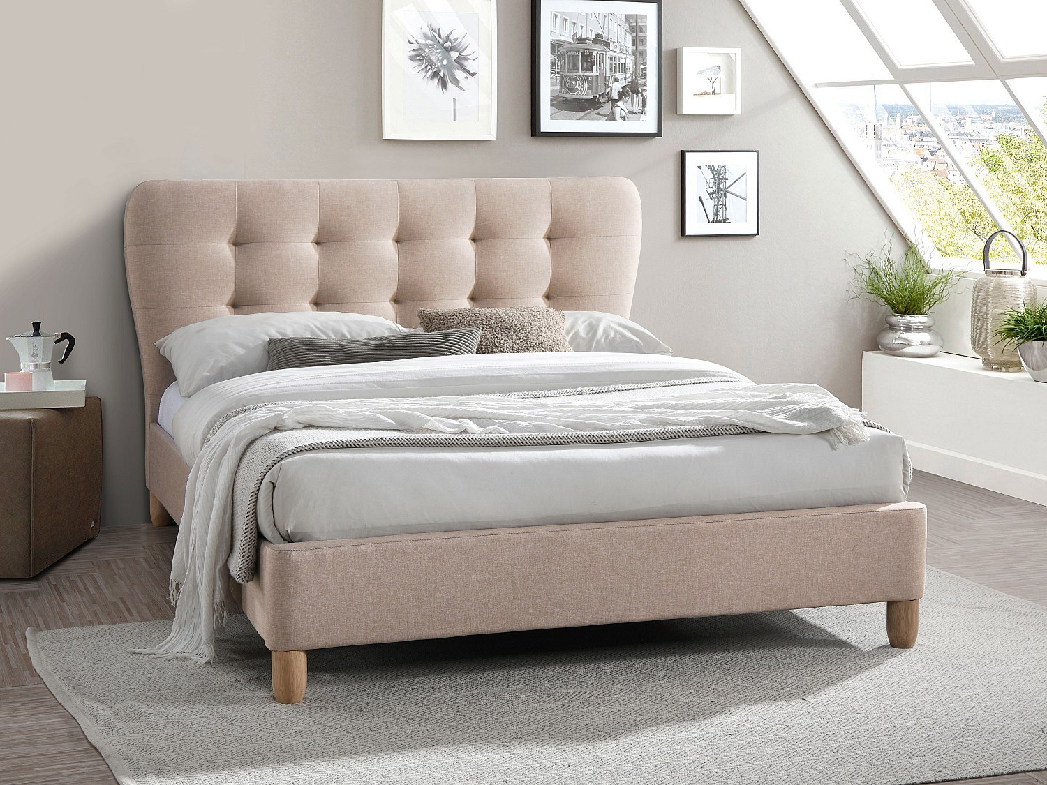 Polsterbett - 160 x 200 cm - Stoff - Beige + Matratze - ELIDE