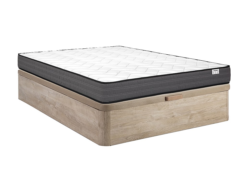 Komplett-Set - 140 x 190 cm - Bettgestell mit Bettkasten + Taschenfederkernmatratze - Stärke 20 cm - Holzfarben hell - AMBRACIE von YSMÉE