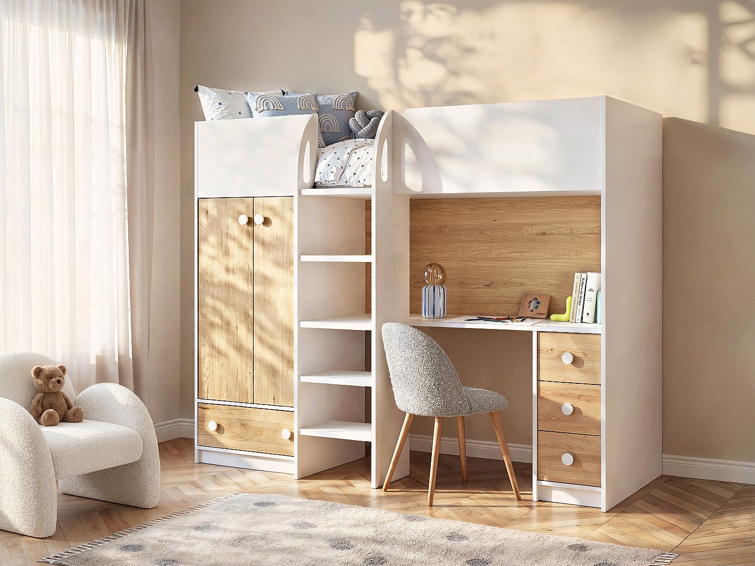 Hochbett mit Kleiderschrank & Schreibtisch - 90 x 190 cm - Weiß & Holzfarben + Matratze - CINAMO